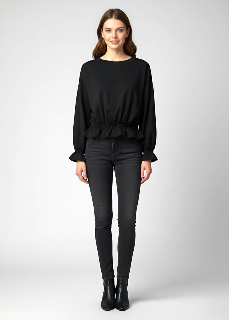 Black Elastic Wrist and Waist Flared Detail Peplum Top