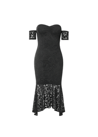 Black Fishtail Style Hem Off Shoulder Slim Fit Lace Midi Dress