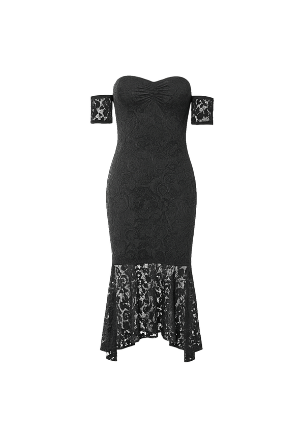 Black Fishtail Style Hem Off Shoulder Slim Fit Lace Midi Dress