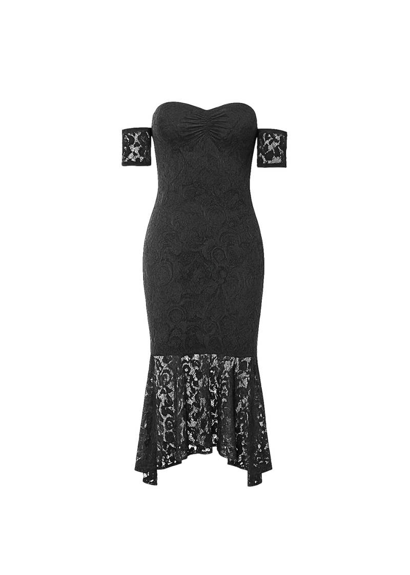 Black Fishtail Style Hem Off Shoulder Slim Fit Lace Midi Dress