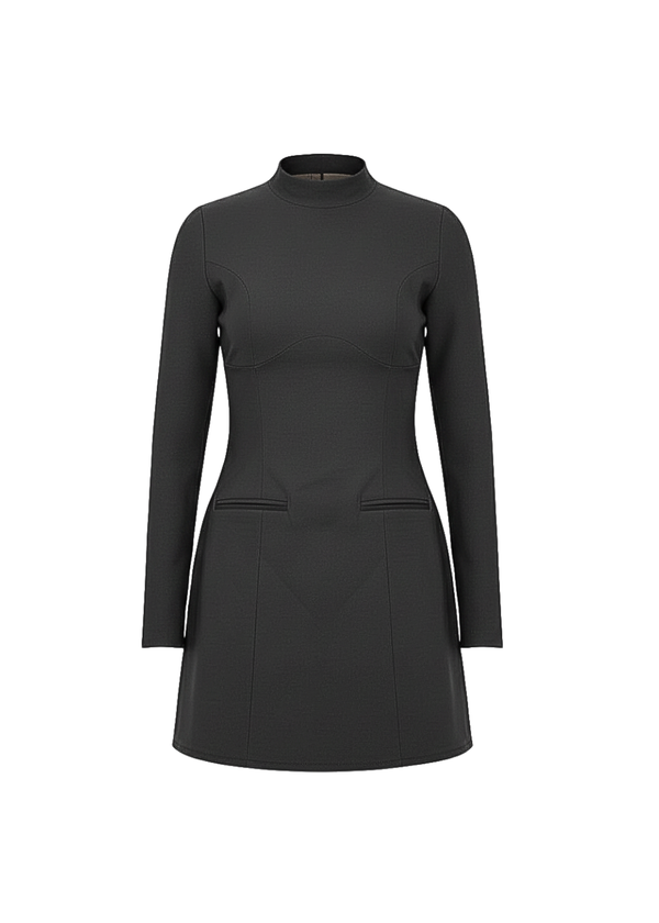 Black Fitted Long Sleeve A-Line Style Mini Dress