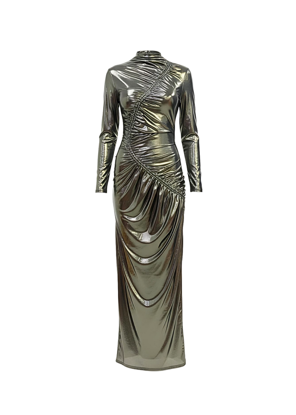 Black Gold Venechia Foil Deep Tail Gathered Maxi Dress