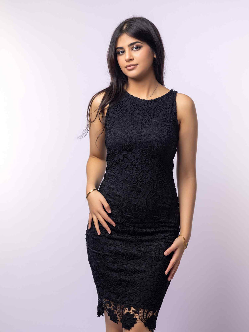 Black Lace Semi-Formal Sleeveless Midi Dress Front Half