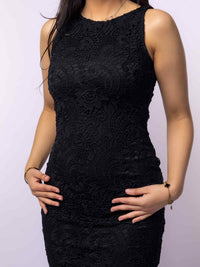 Black Lace Semi-Formal Sleeveless Midi Dress Front Half Front Detail