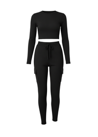 Black Long Sleeve Ribbed Crop Top & Cargo Co-Ord Lounge Set