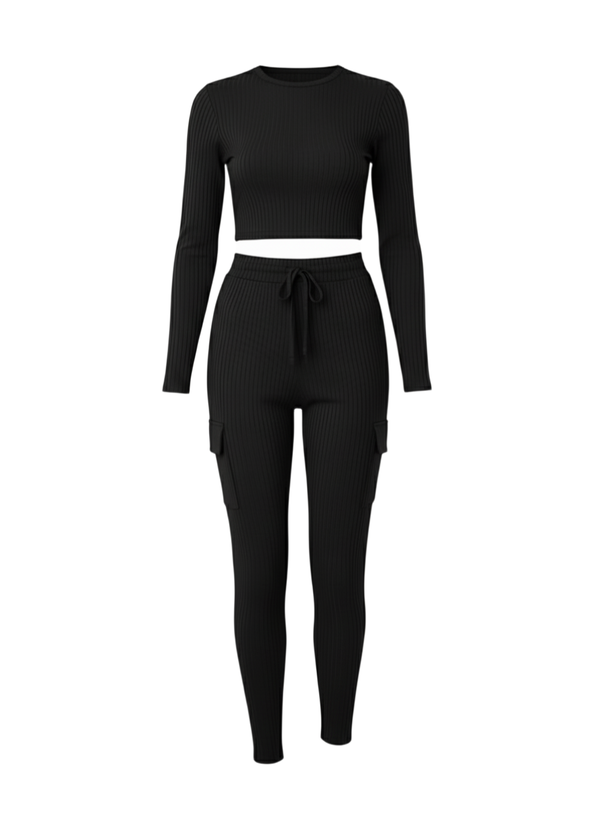 Black Long Sleeve Ribbed Crop Top & Cargo Co-Ord Lounge Set
