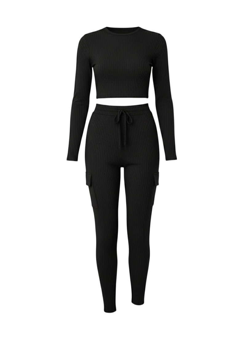 Black Long Sleeve Ribbed Crop Top & Cargo Co-Ord Lounge Set