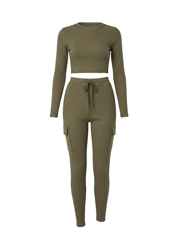 Khaki Green Long Sleeve Ribbed Co-Ord Lounge Set