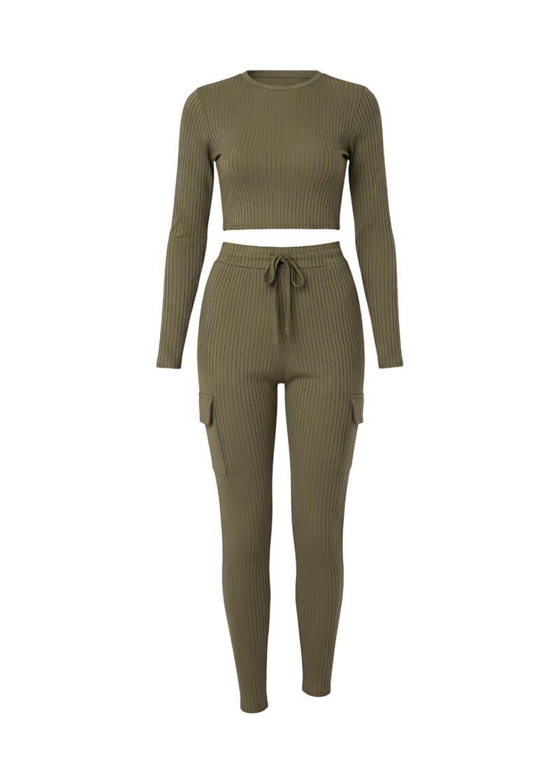 Khaki Green Long Sleeve Ribbed Co-Ord Lounge Set