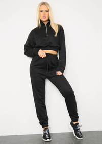 Black Long Sleeve Zipper Crop Top Oversized Matching Joggers
