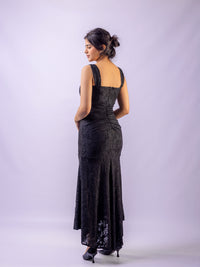 Black Mermaid Ruched Waist Sleeveless Flared Hi-Low Hem Dress