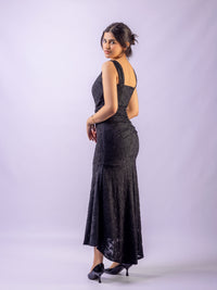 Black Mermaid Ruched Waist Sleeveless Flared Hi-Low Hem Dress