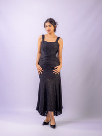 Black Mermaid Ruched Waist Sleeveless Flared Hi-Low Hem Dress