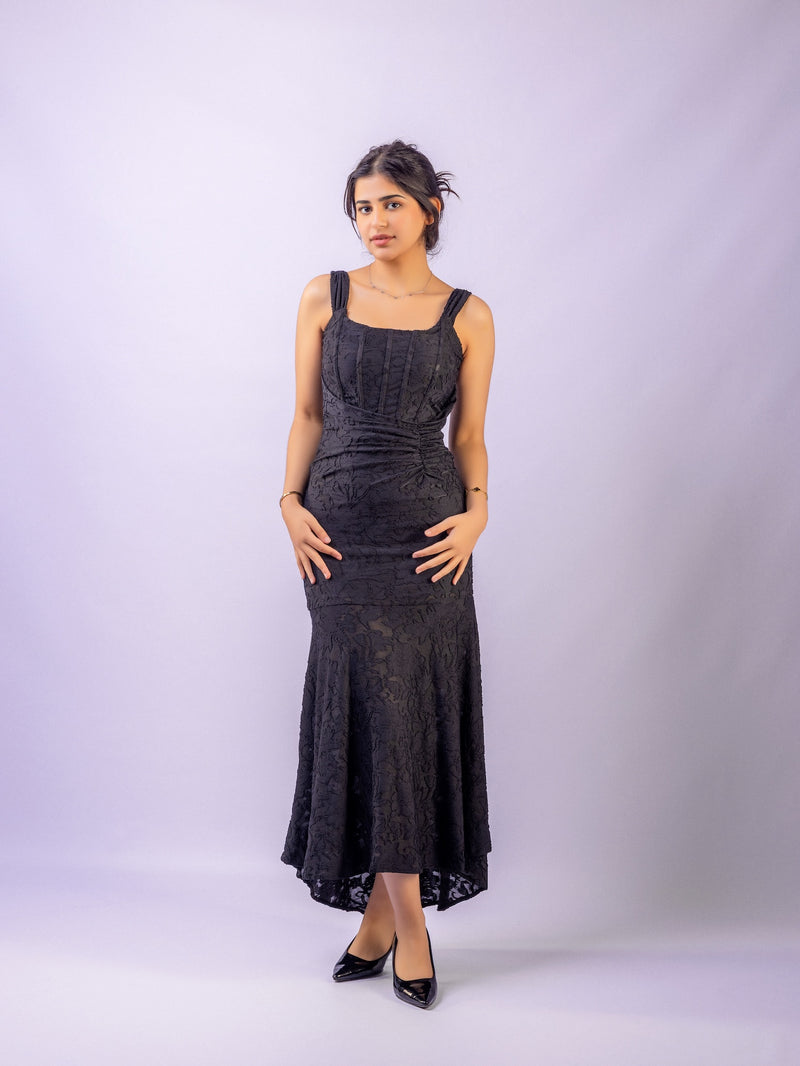 Black Mermaid Ruched Waist Sleeveless Flared Hi-Low Hem Dress