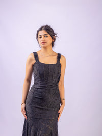 Black Mermaid Ruched Waist Sleeveless Flared Hi-Low Hem Dress
