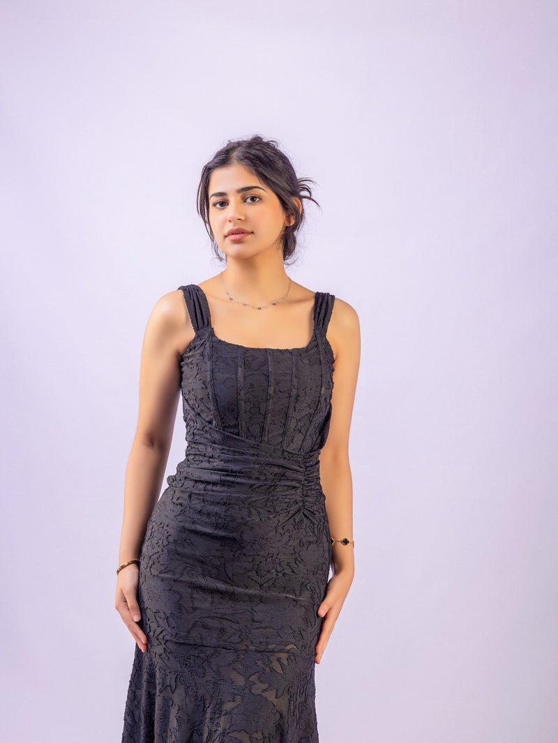 Black Mermaid Ruched Waist Sleeveless Flared Hi-Low Hem Dress