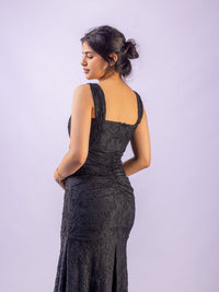 Black Mermaid Ruched Waist Sleeveless Flared Hi-Low Hem Dress