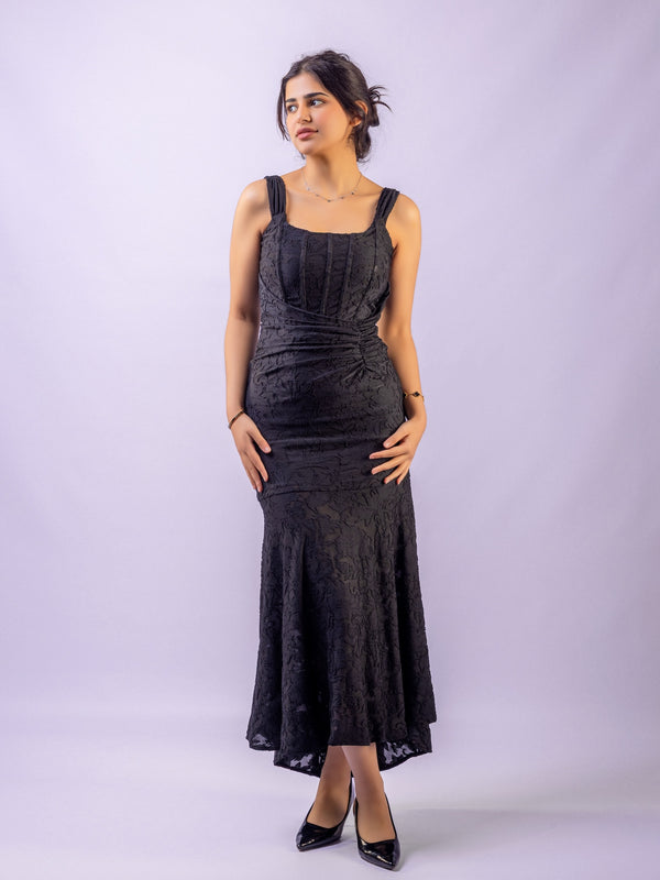 Black Mermaid Ruched Waist Sleeveless Flared Hi-Low Hem Dress