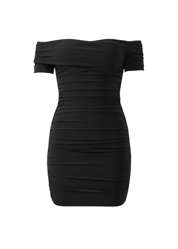 Black Ruched Bardot Bodycon Mini Dress
