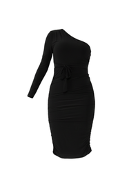Black Ruched Detailing One Shoulder Bodycon Midi Dress