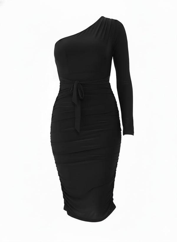 Black Ruched Detailing One Shoulder Bodycon Midi Dress