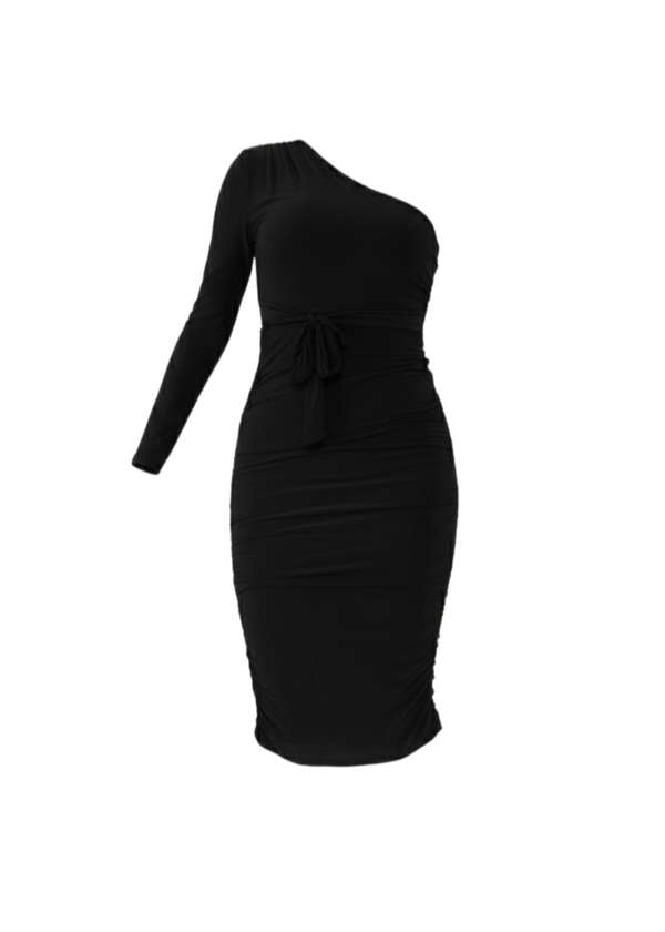 Black Ruched Detailing One Shoulder Bodycon Midi Dress