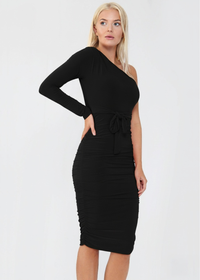 Black Ruched Detailing One Shoulder Bodycon Midi Dress