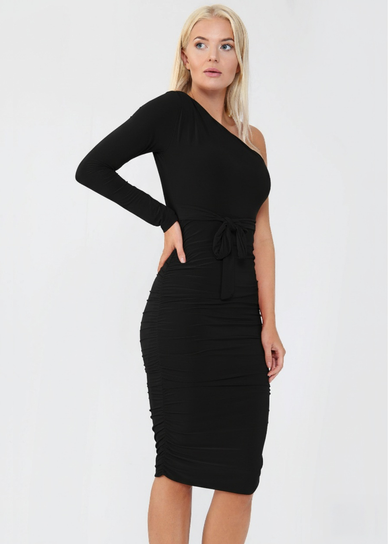 Black Ruched Detailing One Shoulder Bodycon Midi Dress