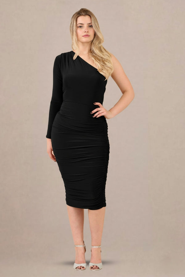 Black Ruched Detailing One Shoulder Bodycon Midi Dress