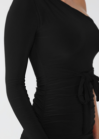 Black Ruched Detailing One Shoulder Bodycon Midi Dress