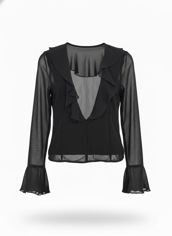 Black Ruffle Deep V Long Sleeve Chiffon Blouse