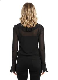 Black Ruffle Deep V Long Sleeve Chiffon Blouse