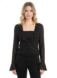 Black Ruffle Deep V Long Sleeve Chiffon Blouse