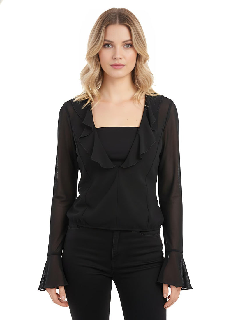 Black Ruffle Deep V Long Sleeve Chiffon Blouse