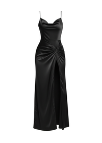 Black Satin Cowl Neck Maxi Dress With Front Slit
