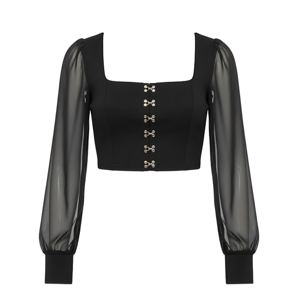 Avinci | Black Sheer Mesh Long Sleeve Hook and Eye Crop Top