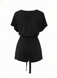 Black Short Sleeve Tie Waist Playsuit with Belted Detail