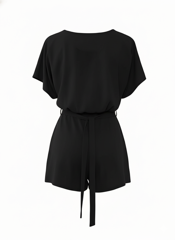 Black Short Sleeve Tie Waist Playsuit with Belted Detail