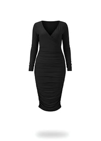 Black Slinky Long Sleeve Ruched Wrap Midi Dress