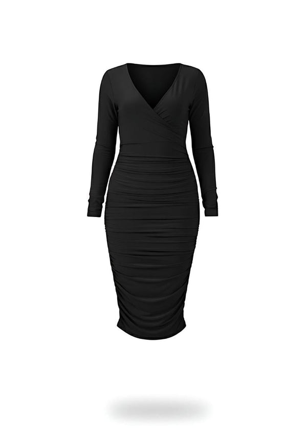 Black Slinky Long Sleeve Ruched Wrap Midi Dress