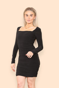 Square Neck Ruched Bodycon Mini Dress - Dresses - Avinci