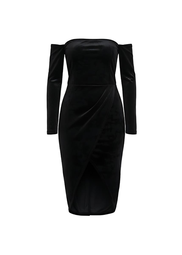 Black Velvet Off Shoulder Velvet Bodycon Midi Dress