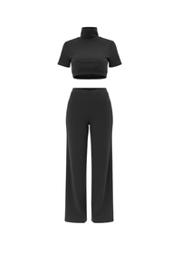 Black Wide-Leg Trousers Co-Ord Set High Neck Short Sleeve T-Shirt