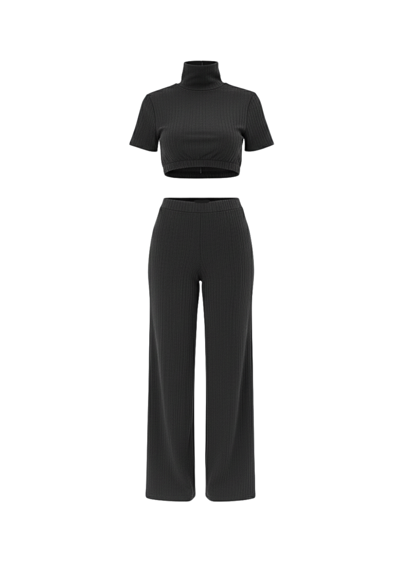 Black Wide-Leg Trousers Co-Ord Set High Neck Short Sleeve T-Shirt
