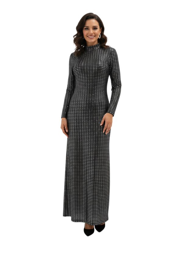Black and Silver Metallic Sequin Full-Length Silhouette Fit Maxi Dress