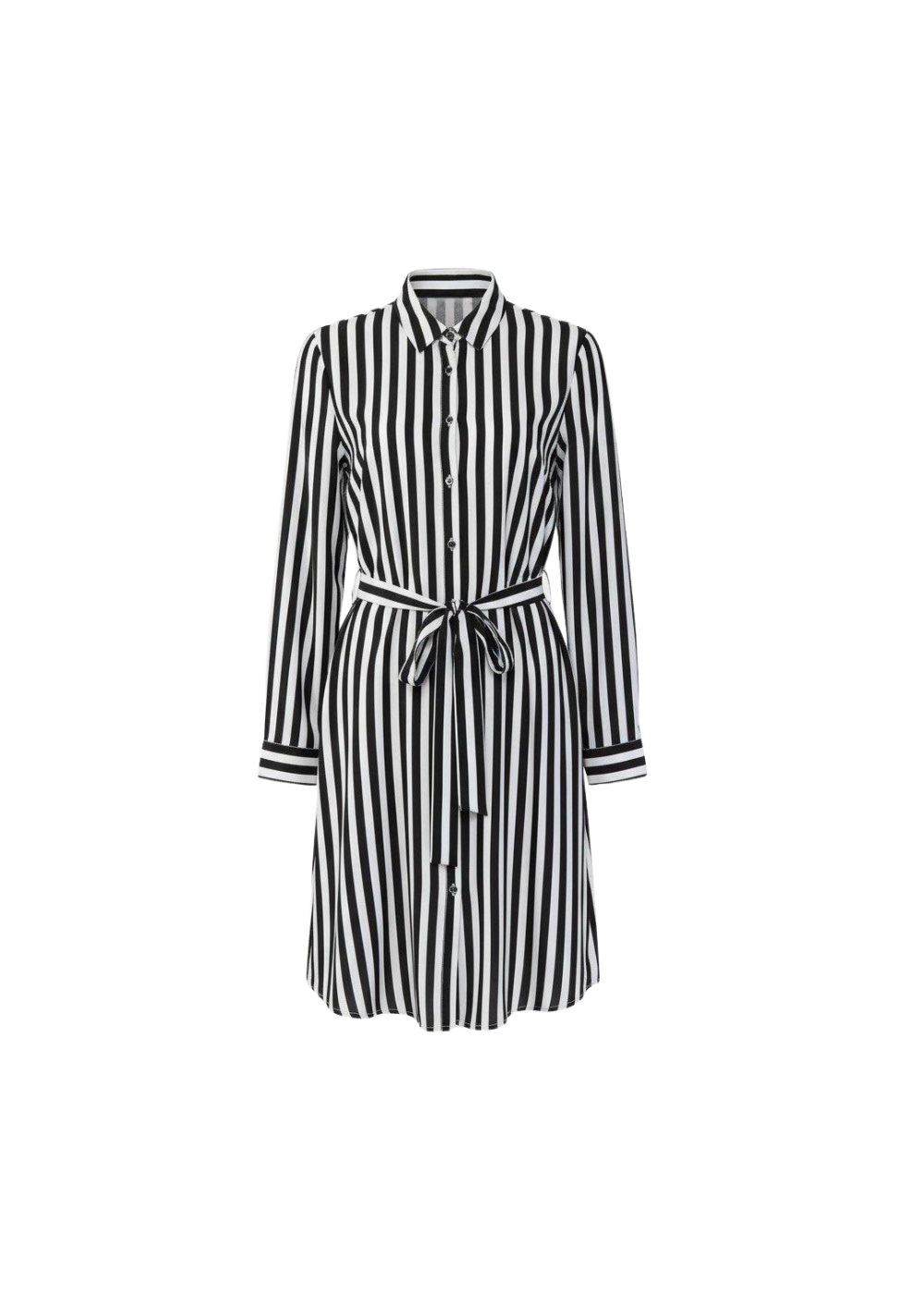 Avinci | Black and White Striped Satin Shirt Dress with Belted Waist