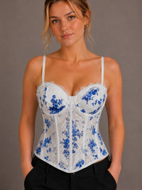 Blue Floral Lace Corset Top With Adjustable Straps