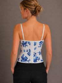 Blue Floral Lace Corset Top With Adjustable Straps