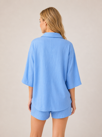 Blue Textured Linen Look Elasticated Waist Shorts Co-Ord