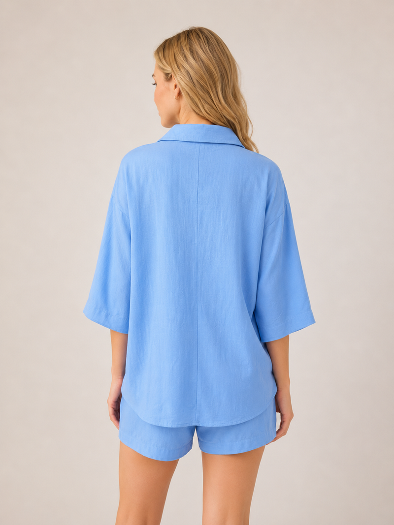 Blue Textured Linen Look Oversized Shirt Co-ord